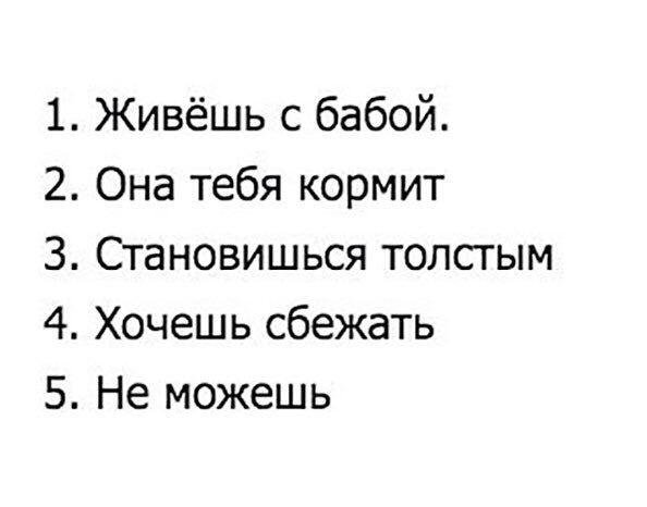 1. Живёшь с бабой.  2. Она тебя кормит  3. Становишься толстым 4. Хочешь сбежать  5. Не можешь