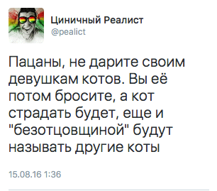 Пацаны, не дарите своим Девушкам котов. Вы её потом бросите, а кот страдать будет, еще и "безотцовщиной" будут называть другие коты