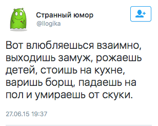 Вот влюбляешься взаимно, выходишь замуж, рожаешь детей, стоишь на кухне, варишь борщ, падаешь на пол и умираешь от скуки.