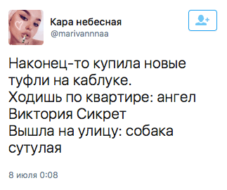 Наконец-то купила новые туфли на каблуке.  Ходишь по квартире: ангел Виктория Сикрет. Вышла на улицу: собака сутулая
