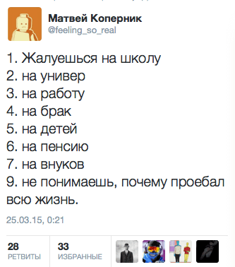 1. Жалуешься на школу; 2. на универ  3. на работу 4. на брак 5. на детей 6. на пенсию 7. на внуков 8. не понимаешь, почему проебал всю жизнь.